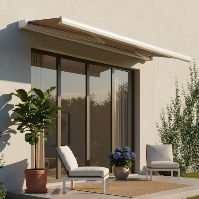 Tenda da sole cassonetto integrale VESTA - Colore Telaio - RAL9010 Bianco - Colore tela 004B Beige Chiaro - 250gr 2